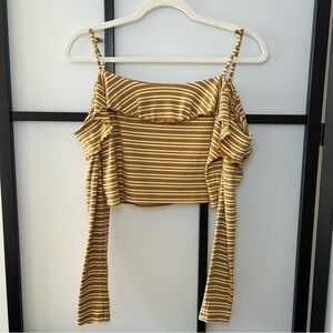 [L] Forever 21 Golden Mustard Yellow & White Striped Long Sleeve Crop Top